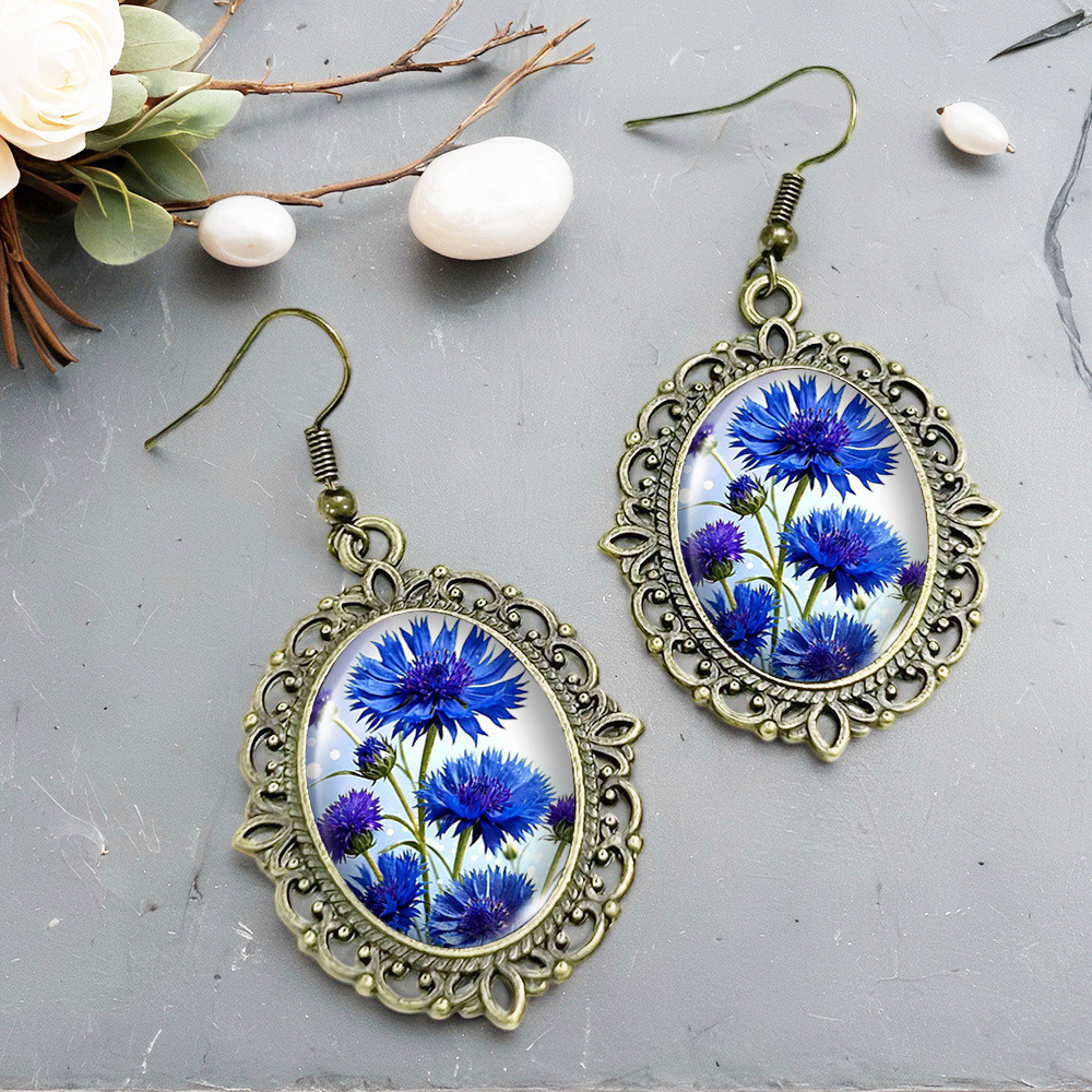 Blooming Blue Cornflowers Dangle Earrings, Handmade Gift